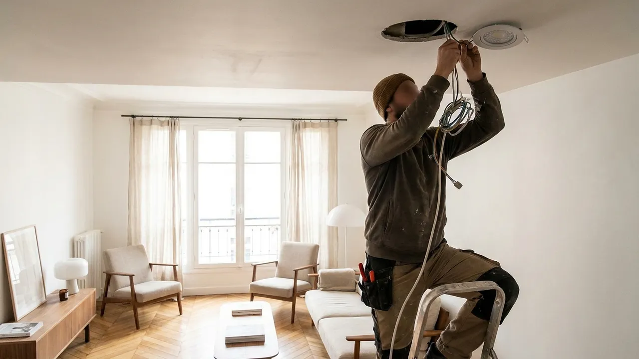 Pose de spots LED encastrés dans le faux plafond d'un séjour rénové à Chaville