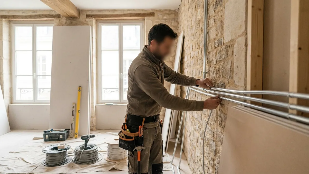 Rénovation électrique en cours dans une maison de Chaville avec gaines et nouveau tableau en attente de raccordement